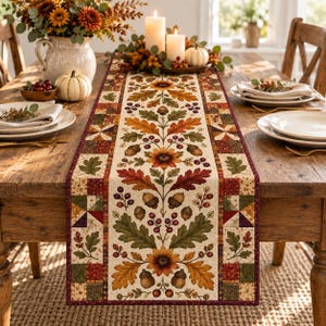May include: A rectangular table runner featuring a central panel with a repeating pattern of sunflowers, oak leaves, and acorns in shades of orange, yellow, green, and brown, bordered by a patchwork design of small squares in coordinating autumn colors.