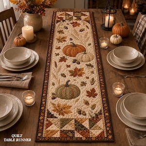 May include: A rectangular quilted table runner featuring a seasonal autumn pattern with orange and green pumpkins, brown acorns, and scattered fall leaves on a cream background, bordered by a dark brown fabric with a geometric leaf motif.