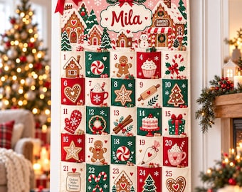 Op de afbeelding: Een stoffen adventskalender met de naam Mila bovenaan, versierd met peperkoekhuisjes, zuurstokken en kerstlekkernijen. Het heeft vijfentwintig genummerde vakjes in rood, groen en crème met elk feestelijke illustraties.