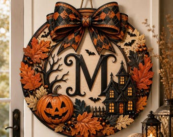 Personalized Halloween Door Sign, Monogram Front Door Decor, Custom Family Initial Sign, Pumpkin Haunted House Fall Door Hanger
