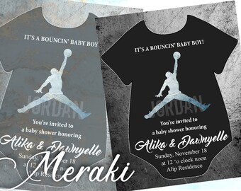 May include: A gray and black baby shower invitation with a basketball player silhouette. The text reads "It's a Bouncin' Baby Boy!" and "You're invited to a baby shower honoring Alika & Dawnyelle".