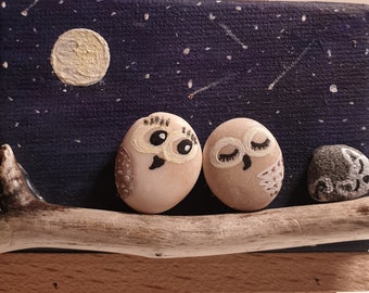 Owls Cat Pebble Art on Painted Canvas "The Night Date" with easel  Family-Gift-Stone Art-Moon-Starry Sky-Handmade-Love-Couple