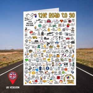 Personalised 90th Birthday Card The Road to 90 Custom Milestone Card Born in 1934 UK & USA Version Card for Him Happy Birthday UK