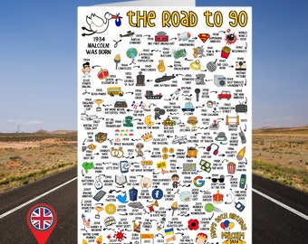 Personalised 90th Birthday Card | The Road to 90 | Custom Milestone Card | Born in 1934 | UK  & USA Version | Card for Him Happy Birthday