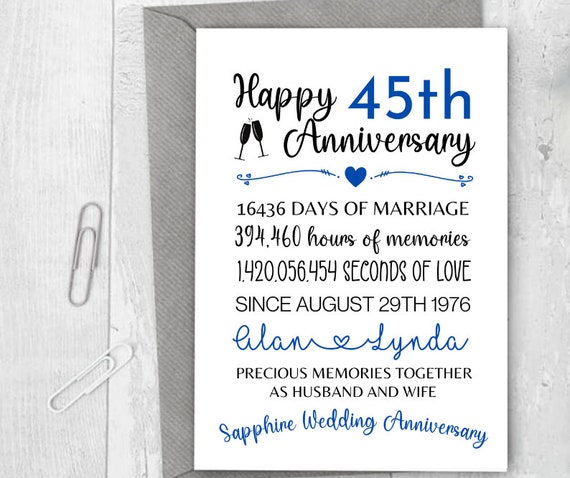Anniversary Cards 45th Wedding Anniversary Card Personalised Sapphire ...