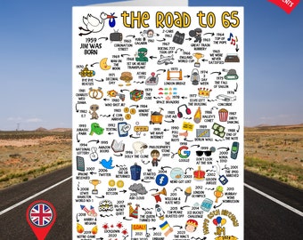 Personalised 65th Birthday Card | The Road to 65 | Custom Milestone Card | Born in 1959 | UK Version | Card for Him Happy Birthday