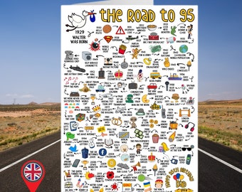 Personalised 95th Birthday Card | The Road to 95 | Custom Milestone Card | Born in 1929 | UK  & USA Version | Card for Him Happy Birthday