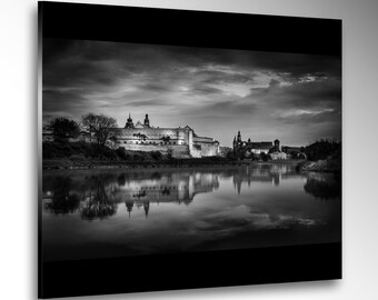 The Vistula Bend in Krakow / Monastery of the Norbertan Sisters and Wawel Royal Castle - black and white fine art photo on glass