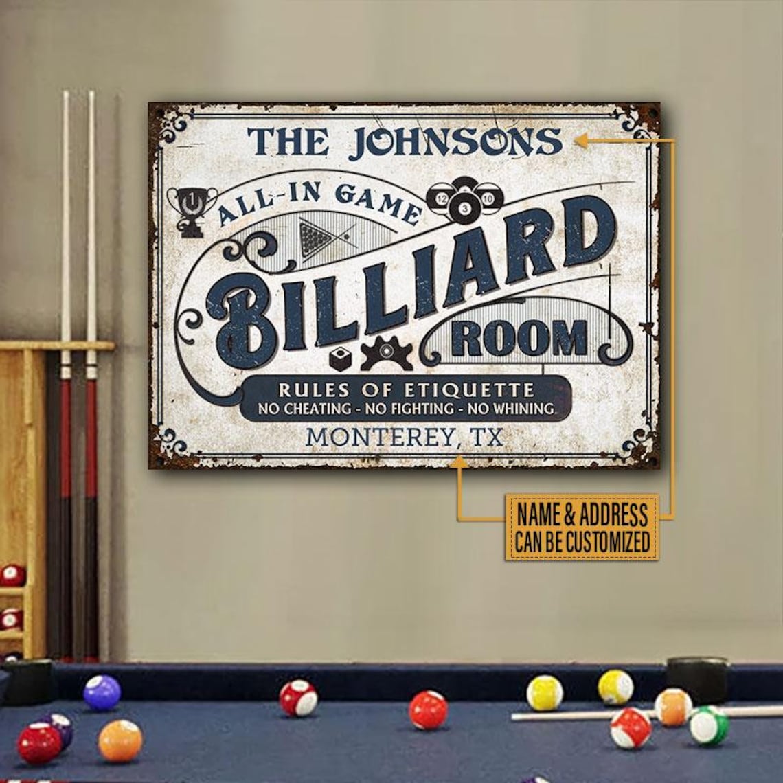 Personalized Billiard Room Rules Of Etiquette Metal Signs Etsy