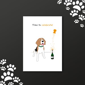 Beagle/blanco wenskaart/tijd om te vieren! Glitteroptie beschikbaar