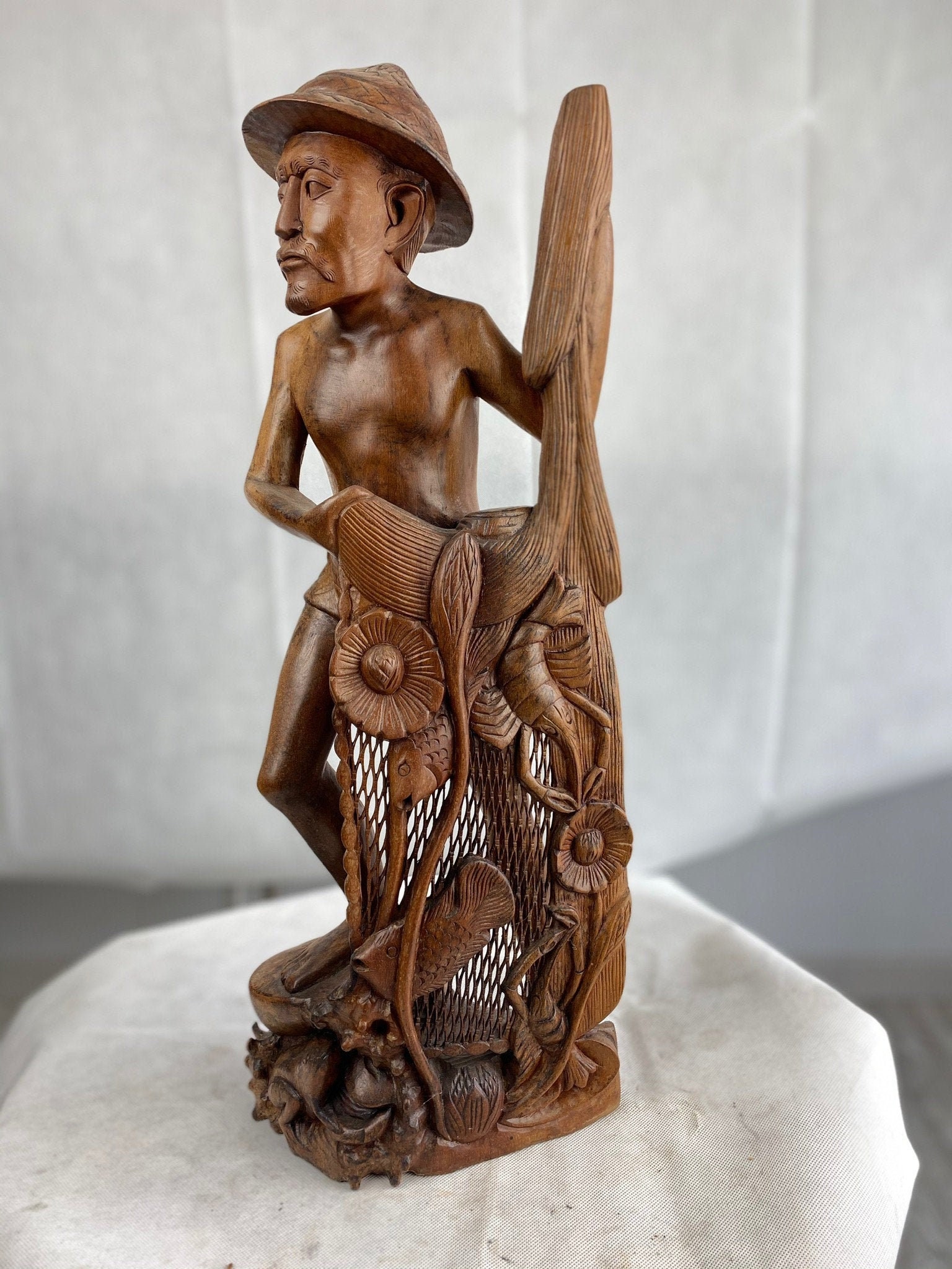 Fisherman with fish / Handmade wooden statue / Indonesian wood Etsy