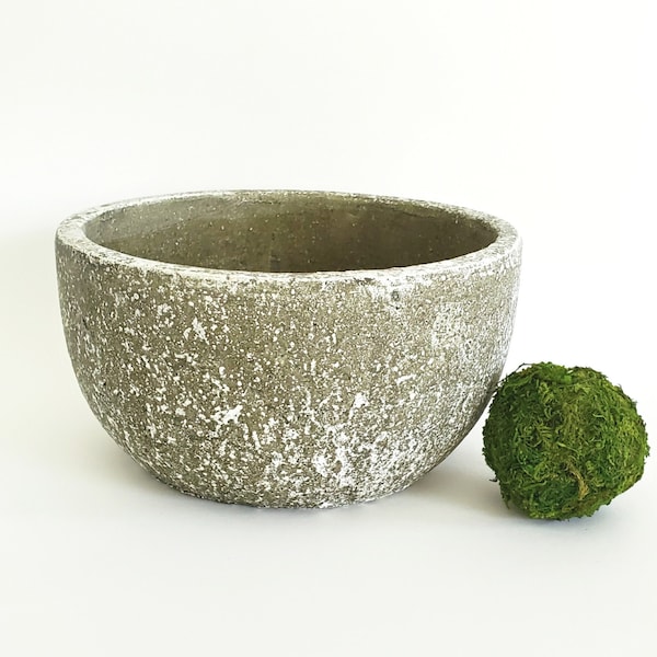 Concrete Decorative Bowl | Distressed Round Stone Vessel | Weathered Mossy-Look Finish | Coffee Table or Side Table Bowl | Rustic Cement