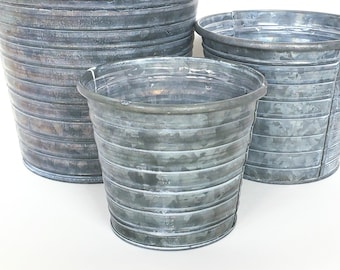 SMALL Metal Planter | 4" Tall x 5" Wide | Rustic Distressed Container | Tapered Flower Pot | Drop in Plastic Potted Plants