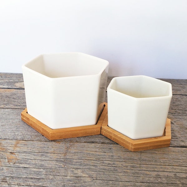 White Ceramic Pots | MINI Set of 3 or SMALL Set of 2 | Hexagonal Planters | With Drainage Holes + Bamboo Drip Trays | Modern Farmhouse Decor