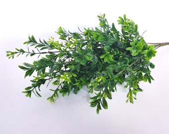 Tall Boxwood Stems, 20 inch Picks, Deluxe Faux Greenery, Green Leaves with Mini Yellow Buds, Sold in Sets of 2 or 3, Shipping Included