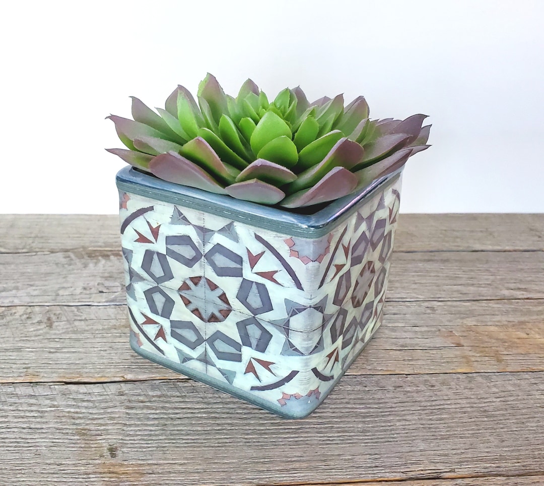 Square Planter Blue/gray Kaleidoscope Design Succulent Pot Ceramic