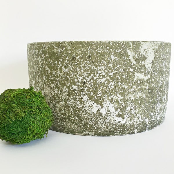 Weathered Concrete Bowl | 9" wide x 4.75" tall | Distressed Round Cement Container | Mossy-Look Planter | Straight Sides | Coffee Table Bowl