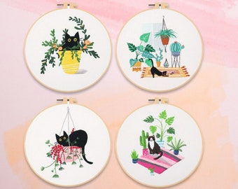 Black Cat & Plants Embroidery Kit for Beginners - DIY Modern Hand Embroidery Hoop Art - Cute Cat Mom Gift - Full Needlepoint Starter Kit