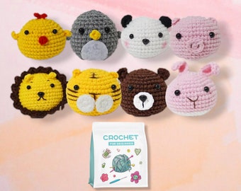 DIY Crochet Kit for Beginners - 8 Animal Amigurumi Starter Pack - All-in-One Crochet Set with Video Tutorials - Penguin, Panda, Lion, Tiger