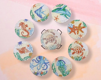 Ocean Diamond Painting Coaster Kit, 8 Sea Animal Designs, Round Cork Backed Coasters with Holder, DIY Gem Art Craft Set for Adults & Kids