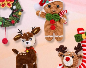 Christmas Crochet Kit for Beginners, DIY Amigurumi Gingerbread Man Reindeer Snowman, Learn to Crochet Set with Video Tutorials, Xmas Gift