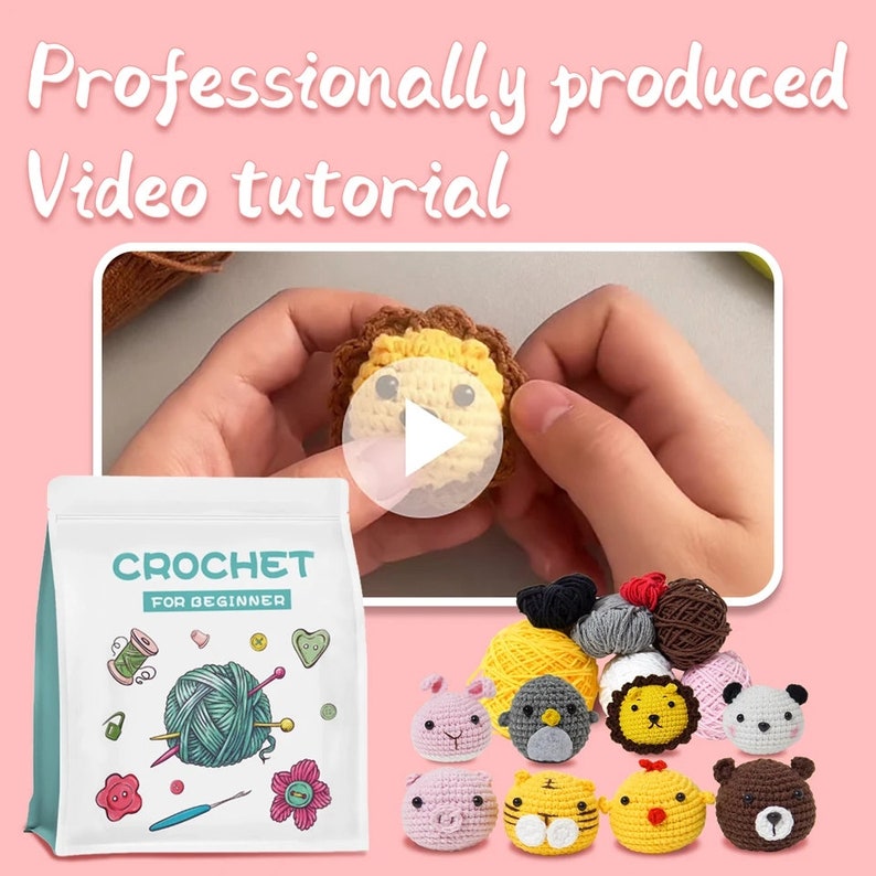 May include: A crochet kit for beginners with a variety of colorful yarn balls, crochet hooks, and instructions. The kit includes a variety of animal patterns to crochet, including a lion, a pig, a penguin, a tiger, a chicken, and a bear. The kit also includes a video tutorial to help you learn how to crochet.
