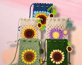Crochet Kit for Beginners, Sunflower Phone Bag, DIY Crochet Purse, Granny Square Kit, Learn to Crochet Set, Boho Floral Bag Kit, Crochet Bag