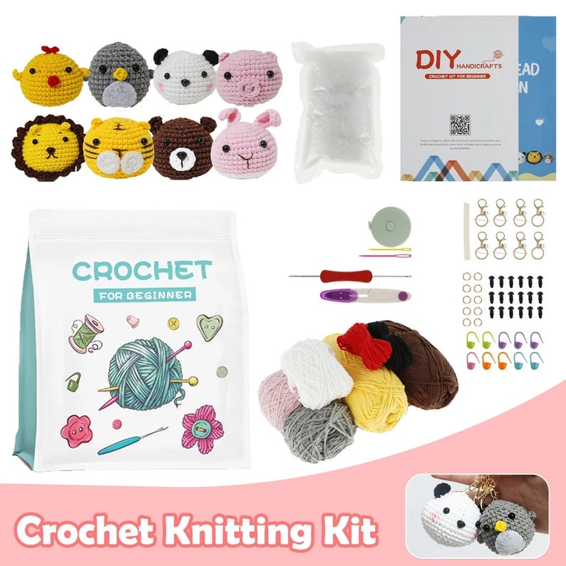 May include: Crochet knitting kit for beginners with colorful yarn, crochet hooks, and stuffing. The kit includes instructions for making various animal amigurumi, including a lion, tiger, bear, panda, pig, and bunny.