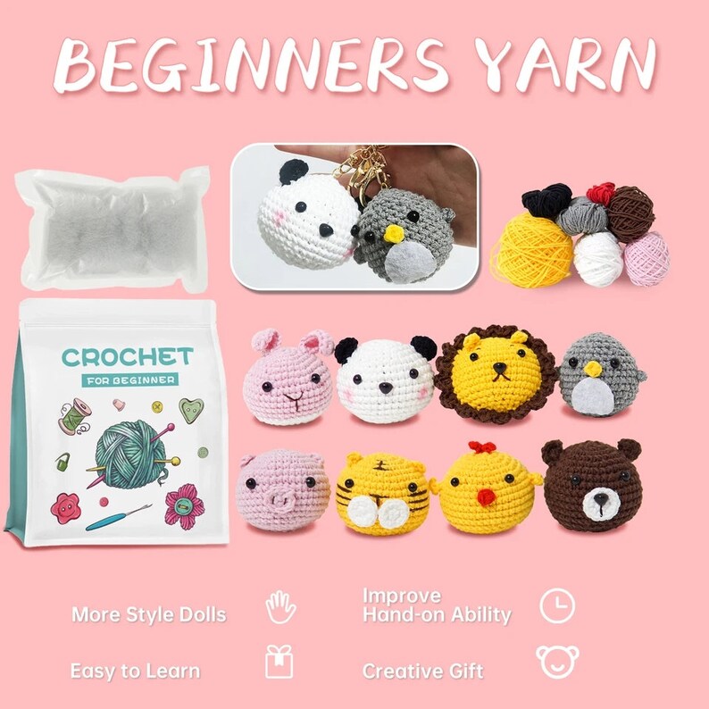 May include: A crochet kit for beginners with colorful yarn, a variety of animal-shaped crochet patterns, and instructions. The kit includes a bag of stuffing, a crochet hook, and a needle. The kit is labeled "Crochet for Beginner".
