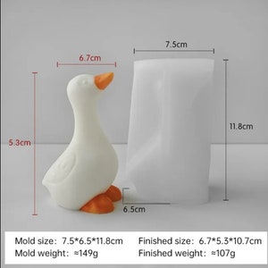 May include: White silicone mould for making a goose-shaped candle or soap. The mould is 7.5 cm wide, 6.5 cm deep, and 11.8 cm tall. The finished product will be 6.7 cm wide, 5.3 cm deep, and 10.7 cm tall.