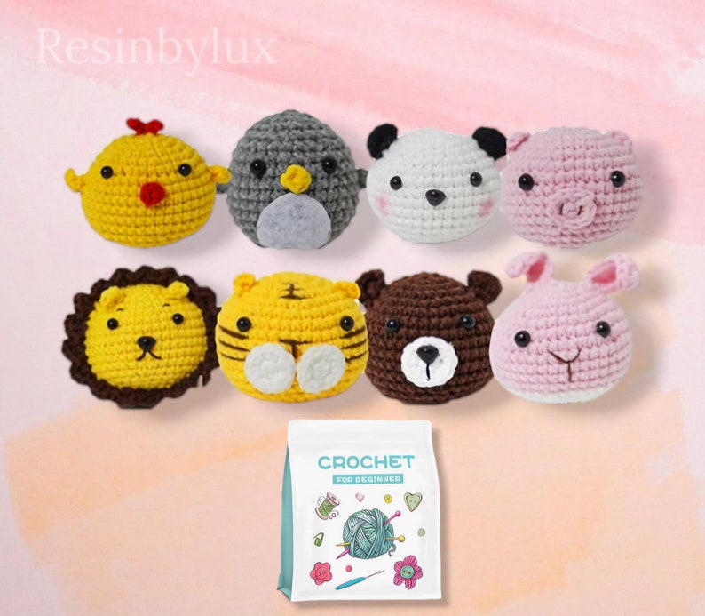 May include: A set of eight crocheted animal plushies, including a chick, penguin, panda, pig, lion, tiger, bear, and bunny. The plushies are all yellow, pink, brown, or gray and have black eyes and noses. The plushies are arranged in a row on a pink background. A bag with the text "Crochet for Beginner" is in the bottom center of the image.