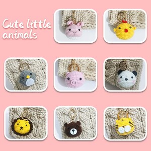 May include: Cute little crocheted animal keychains. The keychains feature a variety of animals, including a pig, a chicken, a penguin, a panda, a lion, and a bear. The keychains are all made with soft, colorful yarn and are perfect for adding a touch of whimsy to your keys or bag.