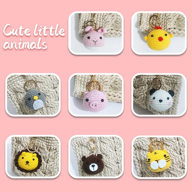 May include: Cute little crocheted animal keychains. The keychains feature a variety of animals, including a pig, a chicken, a penguin, a panda, a lion, and a bear. The keychains are all made with soft, colorful yarn and are perfect for adding a touch of whimsy to your keys or bag.