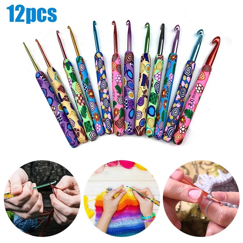 May include: Set of 12 colorful crochet hooks with different sizes. The hooks have a variety of colorful patterns and are made of durable plastic. The hooks are perfect for crocheting projects of all sizes.