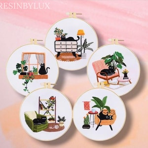 Floral Cat Embroidery Kit | Kitten Flowers Embroidery Patterns | DIY Hoop Art Kit, Farmhouse & Boho Wall Decor