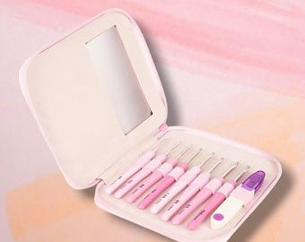Pink Ergonomic Crochet Hook Set | 9 Piece Soft Grip Crochet Needle Kit with Travel Case | Comfort Handle Hooks for Arthritic Hands