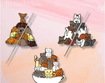 Dog & Cat Needle Minder Set of 3 - Magnetic Needle Keeper for Cross Stitch Embroidery - Cute Puppy Pile  Kitty Enamel Needle Nanny - Gift