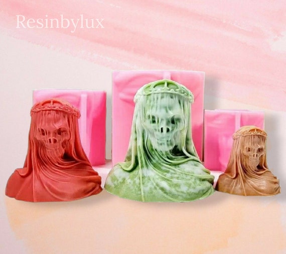 Veiled Skull Silicone Mould | 3D Grim Reaper Bust Mold | Gothic Candle, Concrete & Resin Casting Mold in Small Medium Large Sizes
