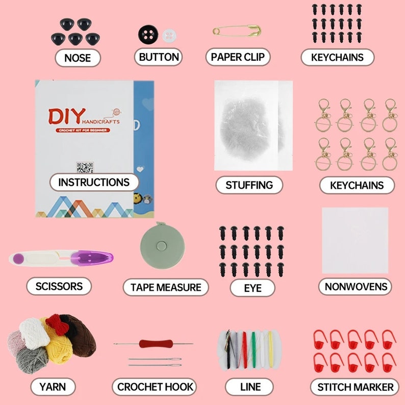 May include: A DIY crochet kit for beginners, with all the supplies needed to make a plush toy. The kit includes yarn, crochet hooks, stuffing, safety eyes, a button, a paper clip, keychains, scissors, a tape measure, nonwoven fabric, stitch markers, and instructions.