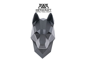 May include: A geometric metal wolf head sculpture in a dark gray color. The sculpture is made of metal panels that are welded together to create a three-dimensional effect. The wolf's head is facing forward, and its eyes are closed. The sculpture is mounted on a white background.