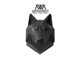May include: Black metal wolf head sculpture with a geometric design. The sculpture is made of metal and has a matte finish. The wolf's eyes are closed and its mouth is slightly open. The sculpture is mounted on a white background.  MEWACRAFT METAL WALL CRAFT