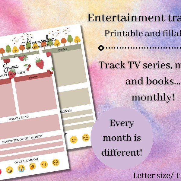 Monthly Entertainment Tracker Printable | Tv Series Tracker | Movies Tracker | Hobby Tracker | Nerd Planner Insert | Movies log | Books log