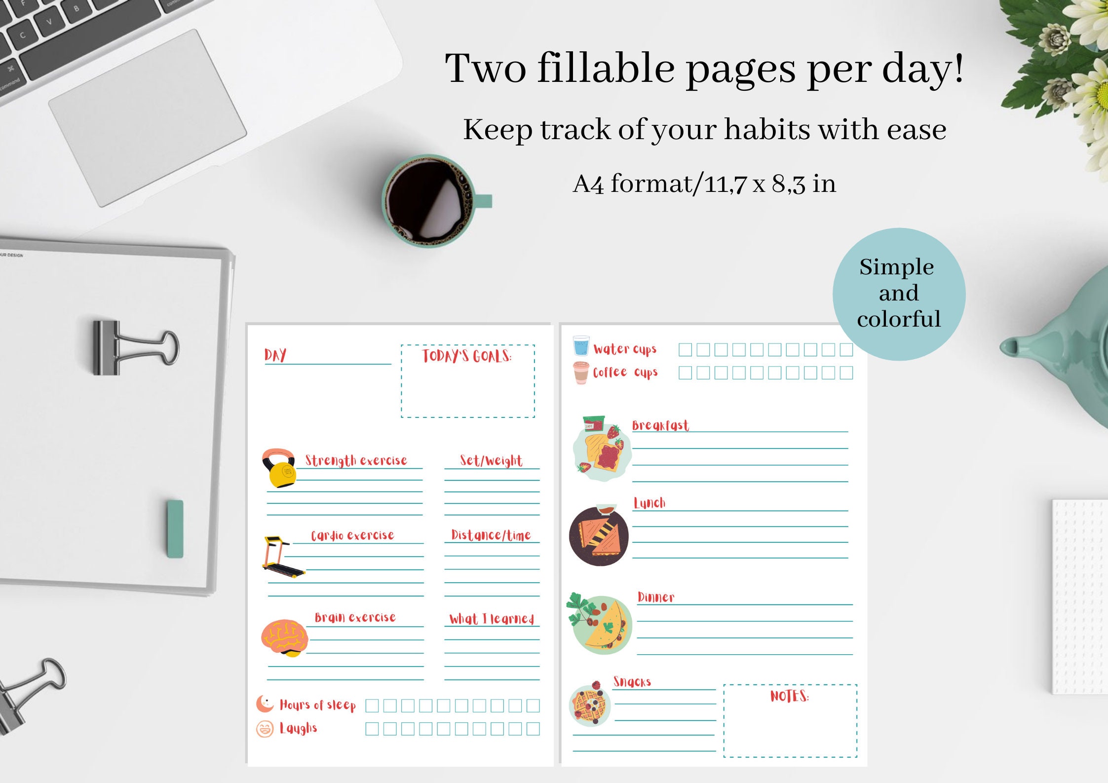 Food and Exercise Printable Planner Meal Planner Fitness Planner Fitness Tracker Mood Tracker