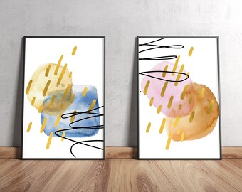 Abstract Watercolor Art Prints: Gold Accent Wall Decor (Digital Download)