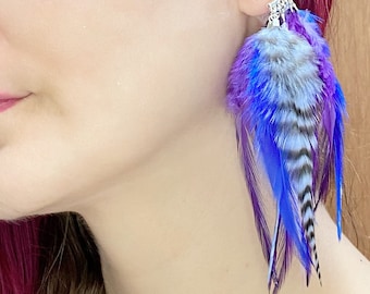 Pair of Purple and Blue Feather Ear Cuffs with Swarovski Crystals on Hypoallergenic Silver Plated Cuff