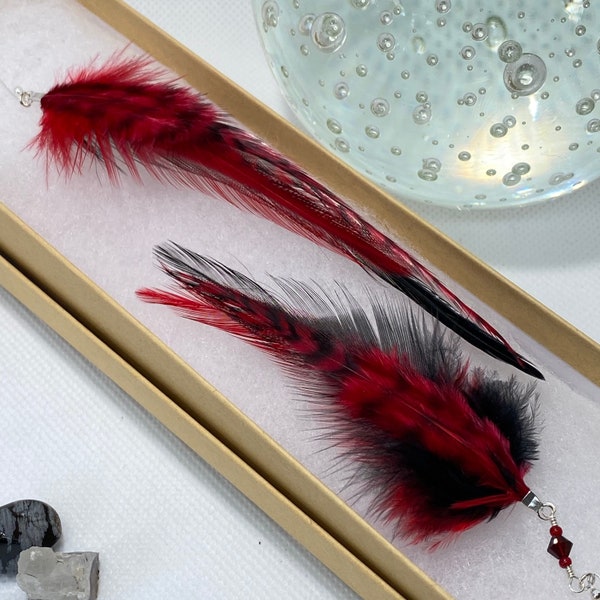 Asymmetric Red and Black Feather Earrings with Austrian Garnet Crystal on Sterling Silver Hooks