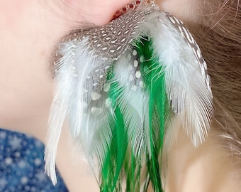 Alluring Exotic Green and White Feather Ear Cuffs - Pair