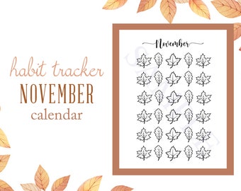 November Calendar Digital Print Habit Tracker Weight loss Goal Setting Color Leaves