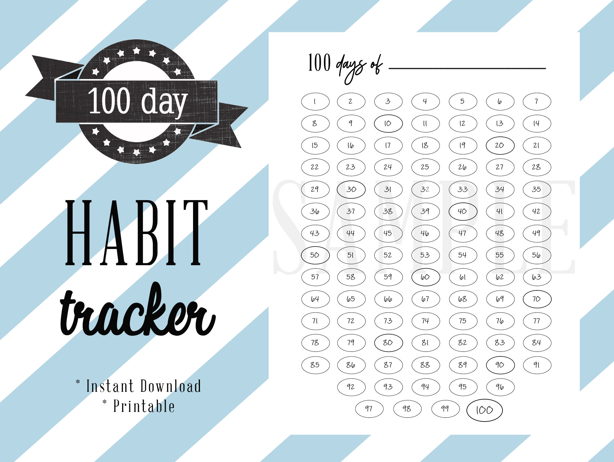 100 Day Habit Tracker, Daily Motivation, Planner, 100 Days, Journal Insert, Printable, Custom, 100 Day Challenge
