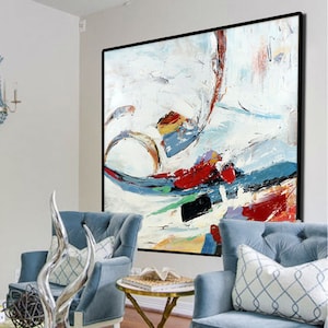 large canvas art, Abstract wall art, Red White painting, large modern art, extra large wall art, abstract canvas art, Red abstract art W7